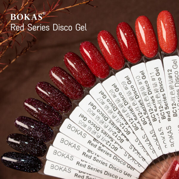 BOKAS BC-12 OEM/ODM 12 Colors Diamond Reflective Red Series Disco Gel Nail Polish