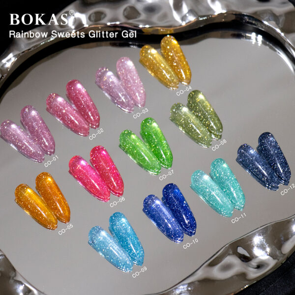 BOKAS CO-12 OEM/ODM 12 Colors Disco Diamond Reflective Rainbow Sweets Gel Nail Polish
